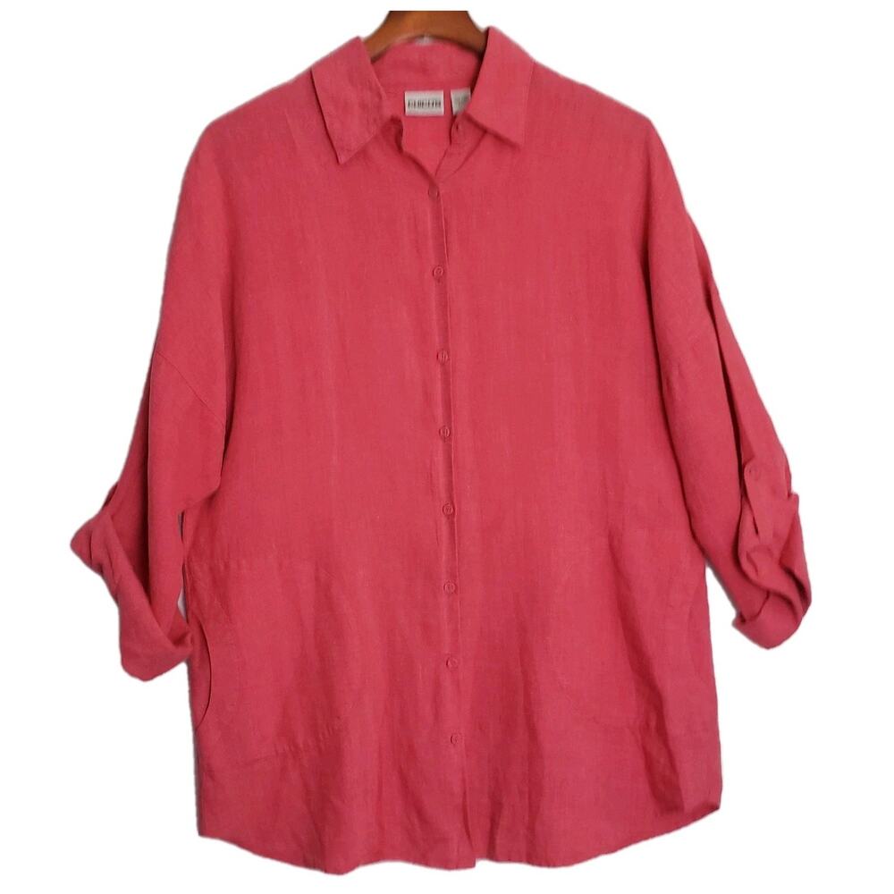 Chicos 100% Linen Tunic Womens Sz 2 Large Pink 3/4 Tab Sleeve Lagenlook Pockets